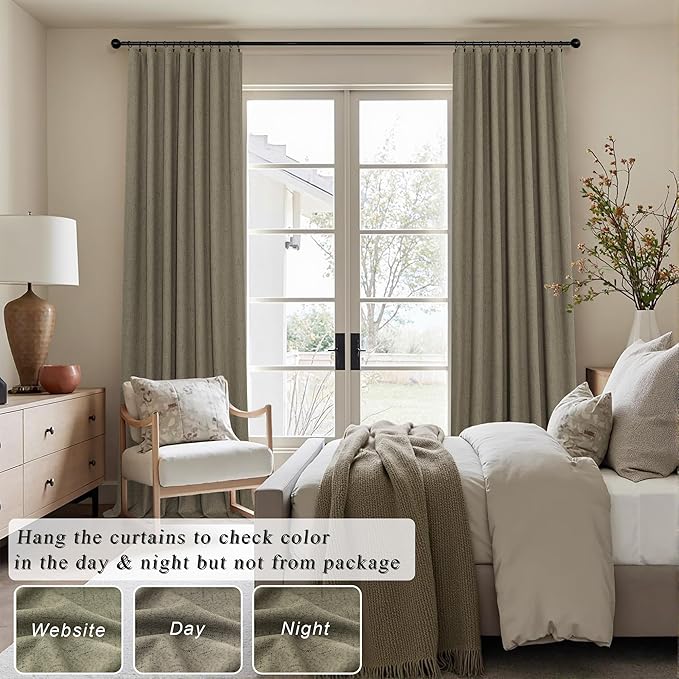 Dark Taupe Neutral Blackout Curtains 96 Inch Long 2 Panel Insulated Sliding Door Curtain UV Heat Blocking Drape for Living Room Bedroom Linen Cloth Canvas Burlap Primitive Decor Back Tab 52x96 Length