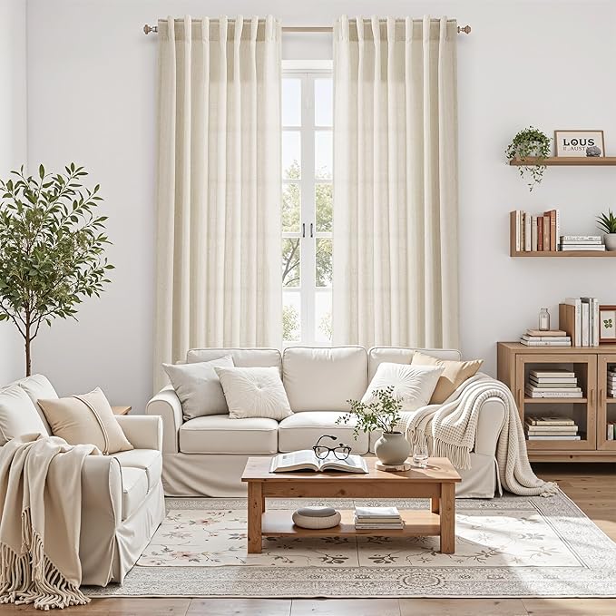 Birch Beige Linen Curtains for Living Room 126 Inches Long Light Filtering Semi Sheer Curtain Back Tab Modern Farmhouse Decor Elegant Drapes Floor to Ceiling High Window for Bedroom 52x126, 2 Panels