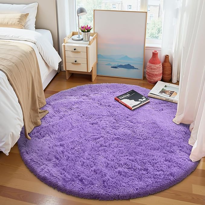 OLANLY Purple Round Rugs for Bedroom - Machine Washable, 7 ft Circle Area Rugs for Living Room, Soft and Fluffy Shaggy Carpet for Teen Girls and Boys, Nursery Rooms, Dorms, Home Decor Aesthetic