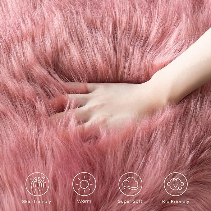Ashler Faux Fur Rug, Fluffy Shaggy Area Rug, Ultra Soft 3 x 3 Feet Sheepskin Fur, Blush Pink Fuzzy Machine Washable Shag, Nursery Decor Throw for Bedroom, Living Room, Kids Room