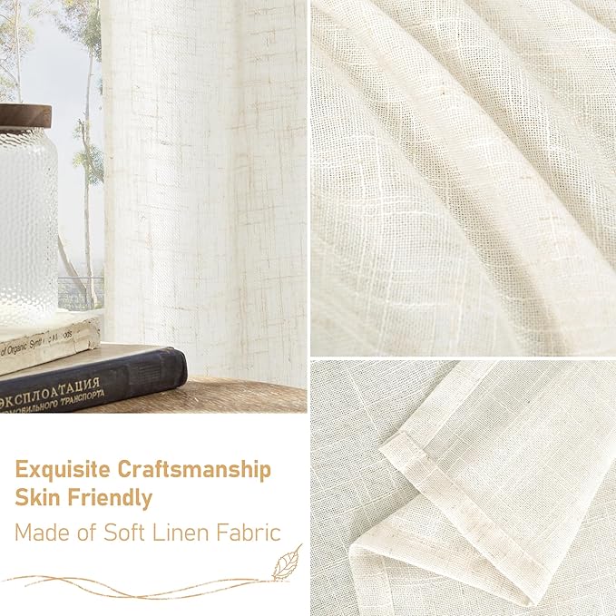 LAMIT 120 inch Semi Sheer Linen Curtains for Living Room, Cream Back Tab and Rod Pocket Curtains Light Filtering Country Rustic Neutral Drapes for Bedroom/Farmhouse, 2 Panels, 52 x 120 Inch