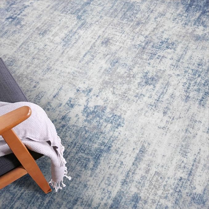 IOHOUZE Abstract Round Area Rug 6 Ft Washable Circle Rugs Large Round Rug Non Slip Thin Soft Circle Rugs, Printed Faux Wool Floor Carpet for Bedroom Living Room Dining Room Nursery, Light Blue Grey