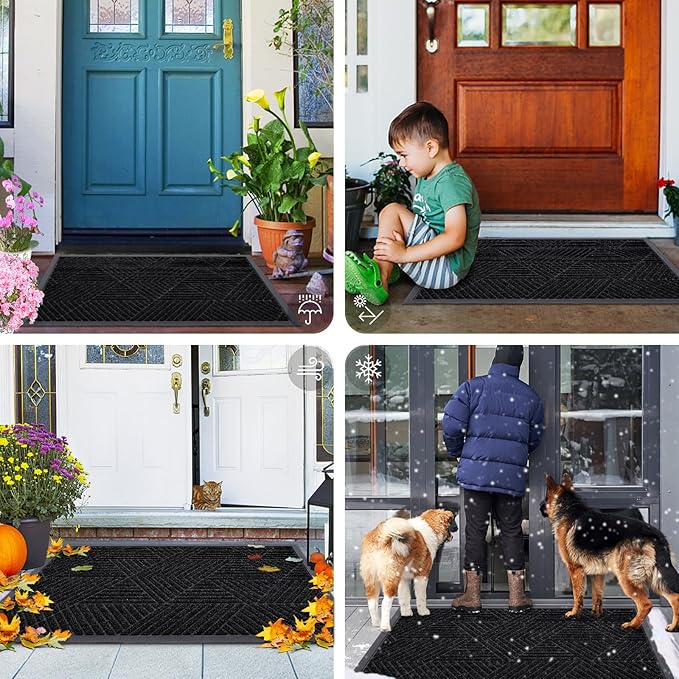 Smiry Front Door Mat Outside Entrance, Heavy Duty Sturdy Natural Rubber Doormat, Trap Dirt and Moisture, Easy Clean Low Profile Welcome Floor Mats for Indoor Outdoor Entry, 47x23 Inch, Black