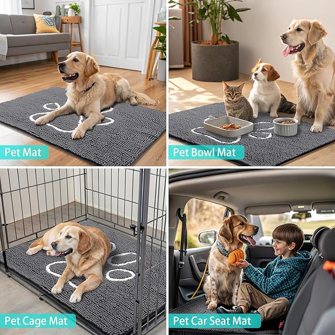 Smiry Dog Door Mat for Muddy Paws, Absorbent Dirt Trapper Non Slip Quick Dry Washable Chenille Mat for Mud Dogs, Entry Rug for Indoor and Outdoor (59x32 Inches, Dark Grey and White)