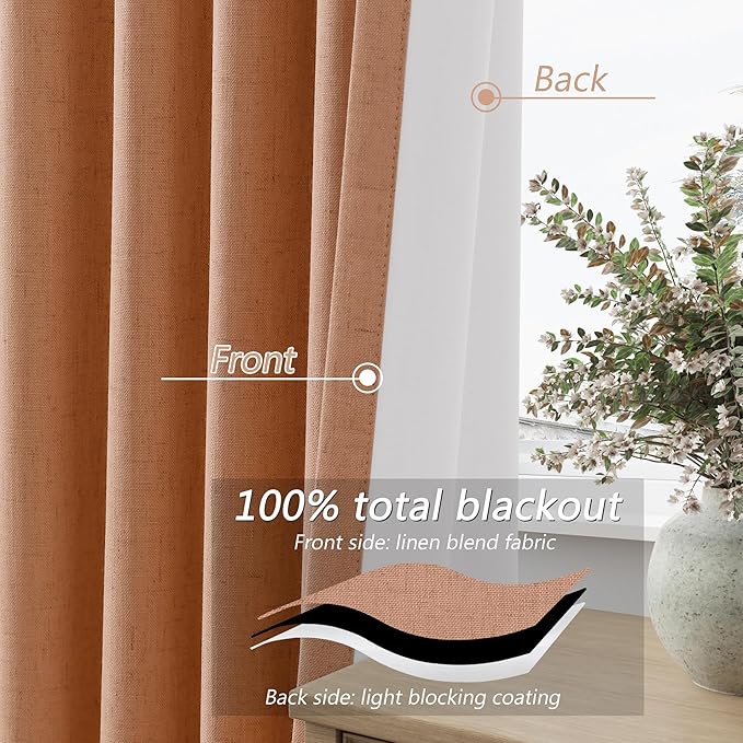Guken 100% Blackout Curtains 84 Inch Length 2 Panels Set for Living Room Bedroom Back Tab Thermal Insulated Black Out Linen Drapes Room Darkening Peach Quartz,52x84