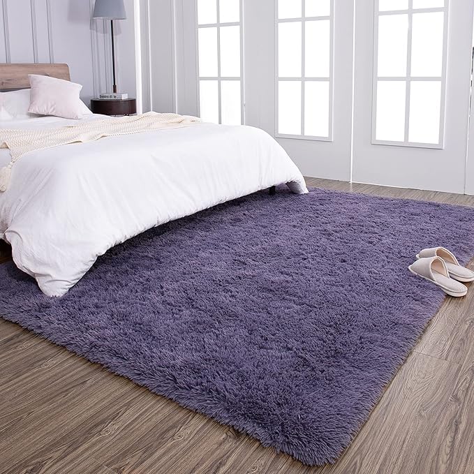TWINNIS Super Soft Shaggy Rugs Fluffy Carpets 8x10 Feet, Indoor Modern Plush Area Rugs for Living Room Bedroom Kid Room Nursery Home Decor, Upgrade Anti-Skid Rectangular Fuzzy Rug, Grey Purple