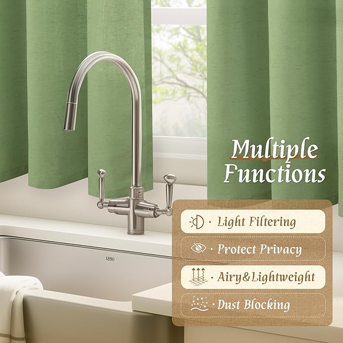 LAMIT 48 Inch Linen Curtains 2 Panels, Soft Faux Linen Light Filtering Panels Rod Pocket Farmhouse Privacy Drapes for Small Window/Loft Room, 42 x 48 Inch, Green
