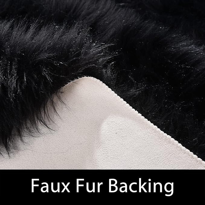 Latepis Area Rug 6x8, Faux Fur Sheepskin Rug for Living Room, Fluffy Washable Rugs for Bedroom, Dorm, Luxury Room Decor, Black Fur Rugs, Rectangle