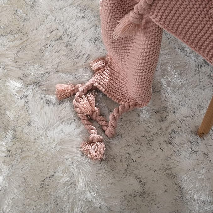 Goolela Sheepskin Area Rug 6x9 Fluffy Fuzzy Furry Faux Fur Rug for Living Room Bedroom Plush Luxury Rectangle, White with Grey Tips