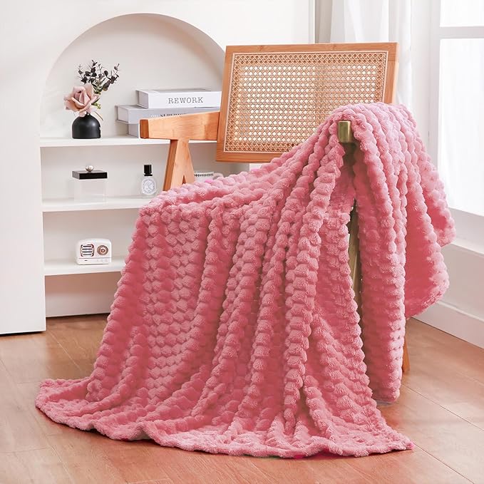 Rose Pink Throw Blanket 50"×60" inches Gifts for Mom Fuzzy 3D Jacquard Decorative Flannel Fleece Super Soft Plush Cozy Blanket for Couch Sofa Chair Lightweight
