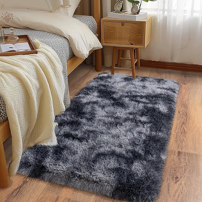 Ultra Soft Runner Rugs for Bedroom Hallways with Upgraded Non-Slip Rubber Backing & Thick Memory Sponge, 2x4 Feet Fluffy Shag Throw Area Rug for Bedside Dorm Tie-dye Dark Grey