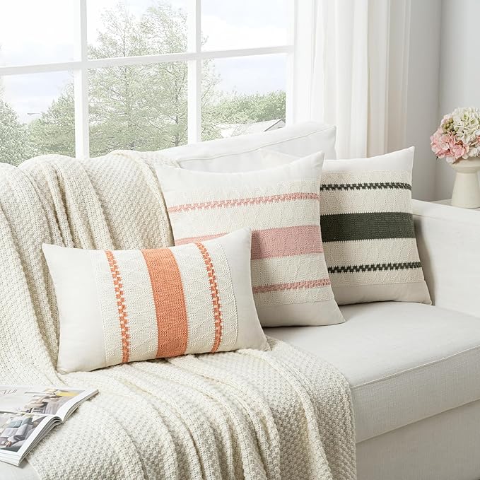 Fancy Homi Set of 1 Boho Coral Lumbar Decorative Throw Pillow Cover 12x20 Inch for Couch Bed Sofa Chair, Modern Organic Farmhouse Home Decor, Soft Cotton Cute Accent Rectangle Cushion Case