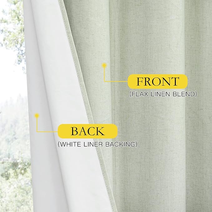 NICETOWN Sage Green Blackout Linen Curtains 95" Long, 2 Pieces, 62" Wide Each Panel, Bronze Grommet Full Light Blocking Drapes with White Thermal Insulated Liner for Nursery, Hall, Villa