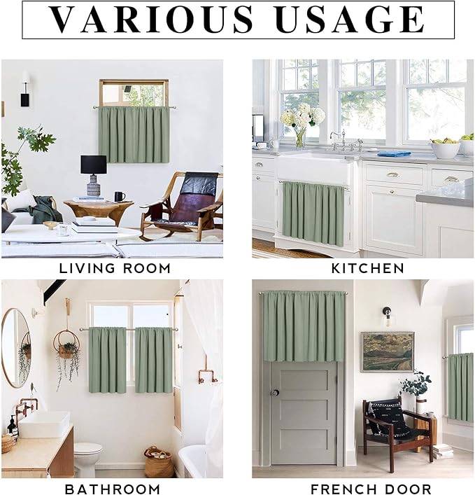 RYB HOME Cafe Blackout Curtains 24 inch Length, RV Curtains for Camper Windows, Mini Short Small Insulating Light UV Blocking Privacy Half Window Tiers, Width 29 by Length 24, Greyish Green, 2 Panels