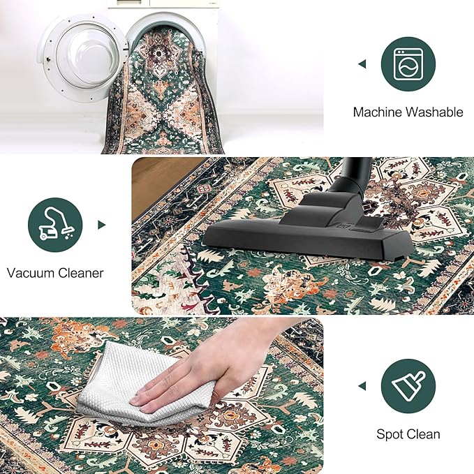 Yamaziot Washable Runner Rug, 2x8 Non-Slip Boho Vintage Hallway Rug Runner with Rubber Backing, Stain Resistant & Low Pile Faux Wool Distressed Carpet Runner for Kitchen, Laundry, Entrance, Turquoise