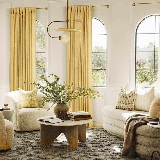 Gold Curtains for Living Room Back Tab Modern Farmhouse Semi Sheer Curtains 84 inches Long 2 Panels Set Muted Neutral Window Curtain for Dining Room Bedroom 52x84