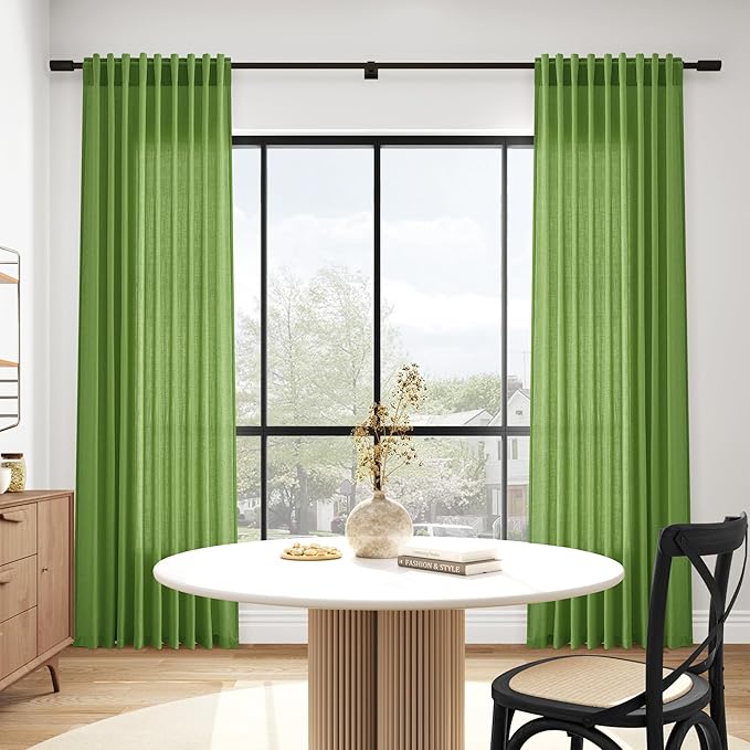 Nanspring Lime Green Linen Blend Light Filtering Back Tab Curtains 102 Inches Long, Semi Sheer Privacy Drapes for Living Room & Bedroom, 52x102 inch, 2 Panels