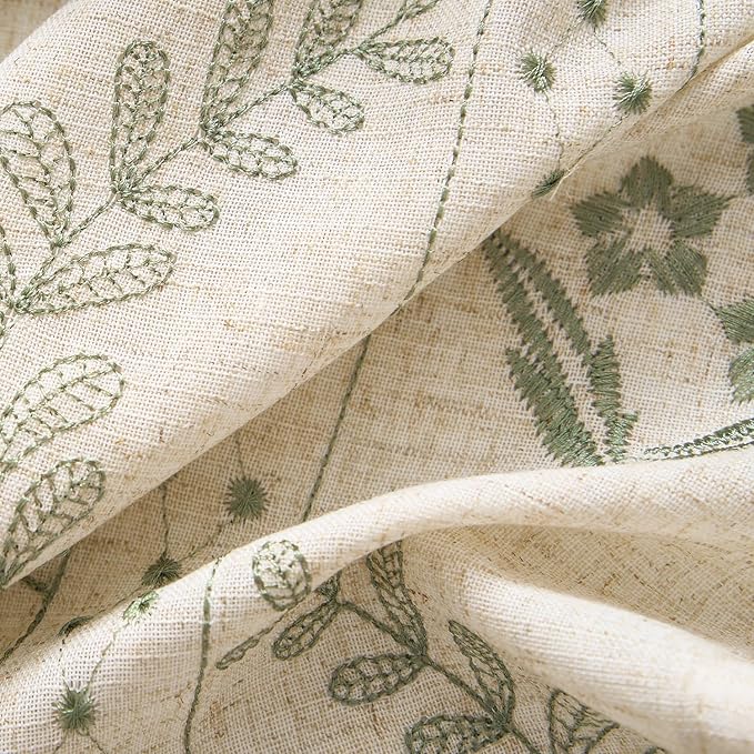 jinchan Belrose 4 Panel Curtains Set 90 Inch Length Floral Curtains Linen Blend Sage Green Embroidered Drapes Farmhouse Flower Patterned Drapes for Living Room Bedroom Window Treatments Set of 4