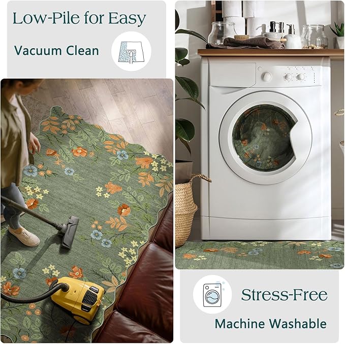 Front Door Mat Indoor Entrance - 2x4.3 Ft Sage Green Floral Washable Layered Doormat Outdoor Entrance Porch Rug Non-Slip Boho Runner Rug for Kitchen Hallway Bedroom Laundry Room Porch Decor