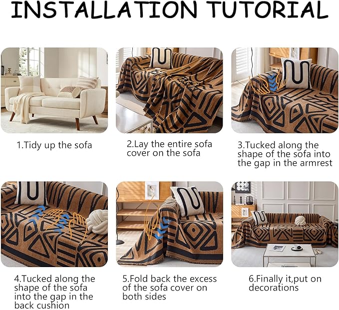 HANDONTIME Boho Geometric Couch Covers for Sofa Pet Friendly Brown and Black Sofa Covers Washable Chenille Couch Blanket Cover for 3 4 Cushion Couches Pet Protector Furniture Cover Soft, 71" X 150"