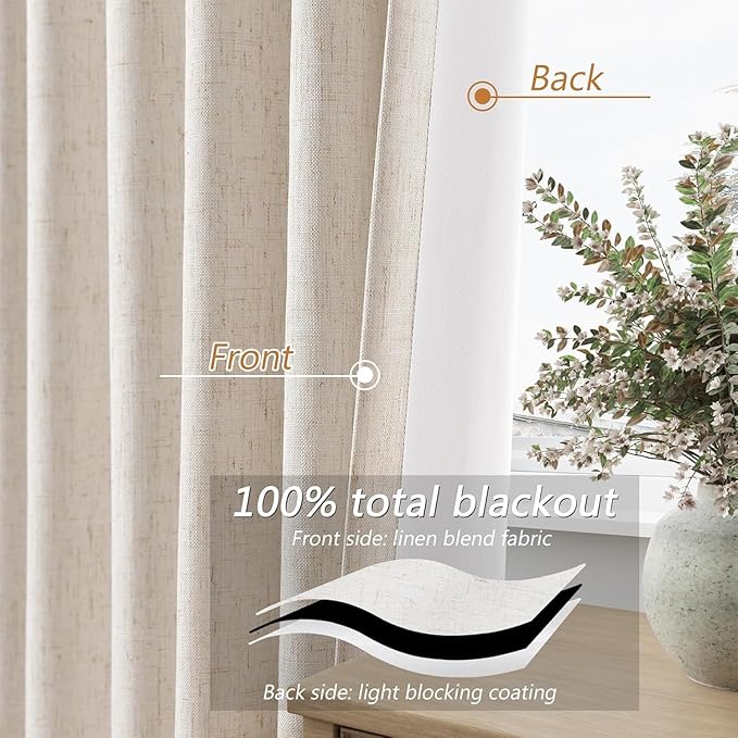 Guken 100% Blackout Linen Curtains 63 Inch Length 2 Panels Set for Living Room Bedroom Back Tab Thermal Insulated Black Out Drapes Room Darkening Farmhouse Style for Bedroom Window Curtains 40 Wide