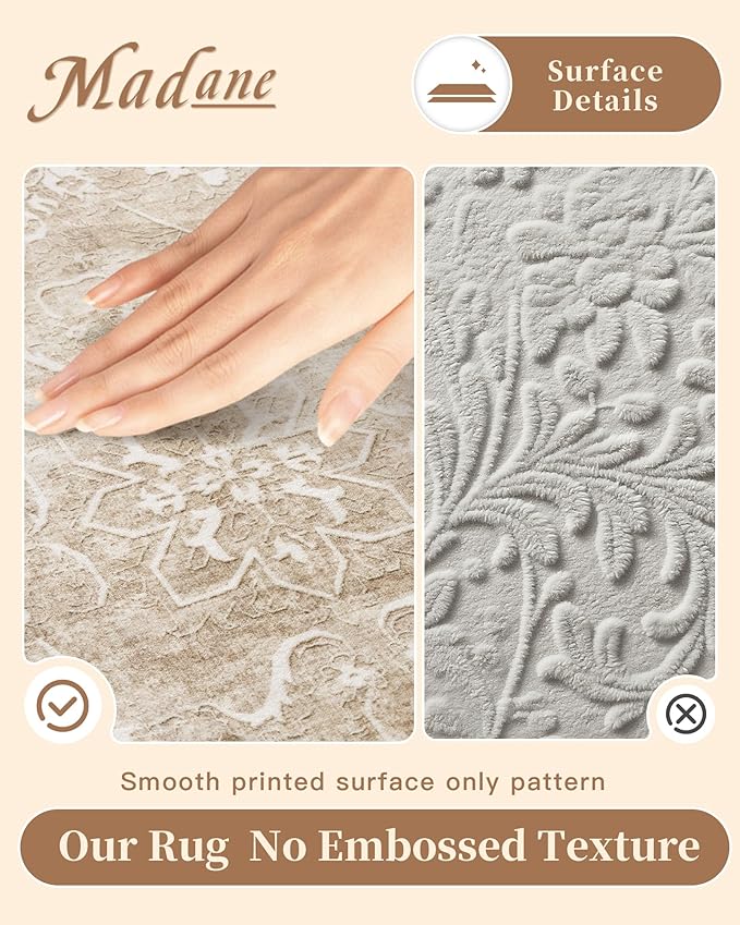 Madane Washable Runner Rug 2x6, Kitchen Hallway Runner Rug with Non-Slip Rubber Backing, Vintage Soft Low Pile Carpet Runner for Entryway Laundry Bathroom Bedroom Living Room (2 x 6, Beige/Brown)