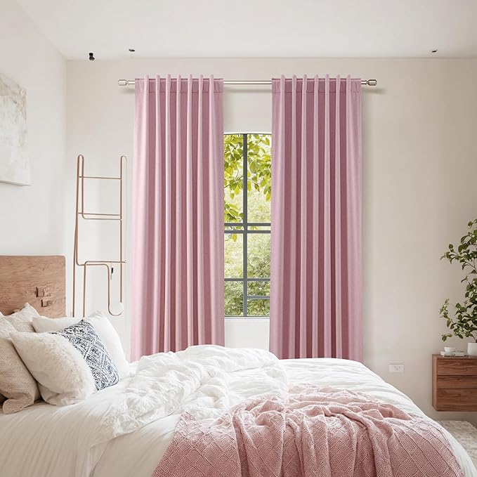 Guken 100% Blackout Curtains 108 Inch Length 2 Panels Set for Living Room Bedroom Back Tab Thermal Insulated Black Out Linen Drapes Room Darkening Rose,52x108