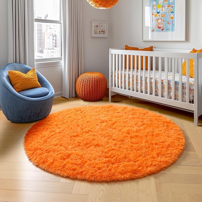 Amdrebio Orange Circle Round Rug 6Ft for Living Room Bedroom, Fluffy Furry Shag Area Rugs for Kids Room Decor Aesthetic, Cute Fuzzy Plush Shaggy Carpet for Baby Nursery Dorm Playroom, Teen Girls Boys
