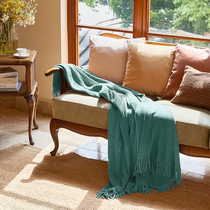 lifein Throw Blanket for Couch, Soft Boho Decor Bed Throw,Cozy Blue Chenille Knitted Small Farmhouse Lightweight Throw (Aqua,60 * 80")
