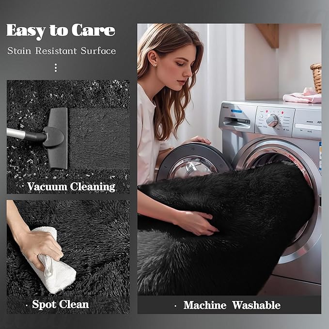 5x8 Area Rug for Living Room: Fluffy Shag Soft Washable Rugs Fuzzy Plush Indoor Carpet for Bedroom Nursery Playroom Dorm Kids Girls Boys Room (Black, 5'x8')