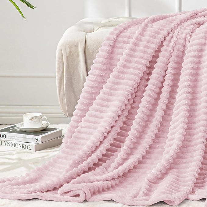 BEDELITE Fleece Blanket Twin Size – 3D Ribbed Jacquard Soft and Warm Decorative Fuzzy Blankets – Cozy, Fluffy, Plush Lightweight Throw Blankets for Couch, Bed, Sofa(Cherry Blossom, 60x80 inches)
