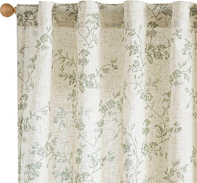 Lazzzy Green Floral Linen Curtains 96 Inch Farmhouse Back Tab Drapes for Living Room Bedroom Light Filtering Vintage Grandmillennial Rod Pocket Curtains, 2 Panels, W38 x L96, Green on Beige