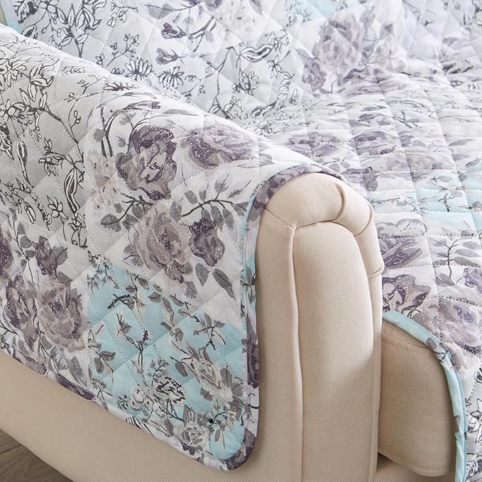 Great Bay Home Reversible Floral Patchwork Sofa Furniture Protector - Machine Washable, Scalloped Edge, Stain Resistant, Printed Furniture Cover for Dogs, Kids, and Pets (Gray/Aqua)