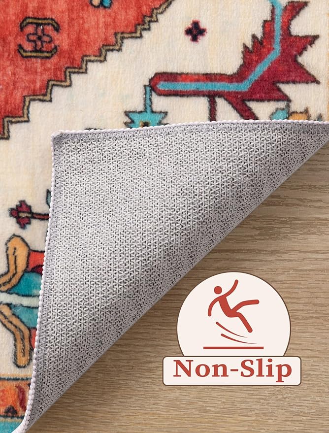 SERISSA Runner Rug for Hallways, 2'6"x14' Washable Non Slip Kitchen Runner Rug, Extra Long Boho Rug Ultra Soft Vintage Orange Print Floor Carpet for Bedroom Hallway Entryway Bathroom Laundry Room