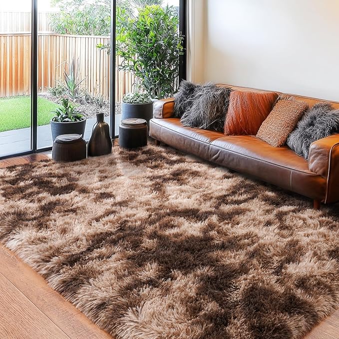 Rugs for Living Room 8x10, Soft Shaggy Modern Shag Area Rug for Bedroom, Upgrade Non-Slip Plush Fluffy Carpet for Kids Boys Girls Room Home Decor Aesthetic, Tie-Dyed Brown