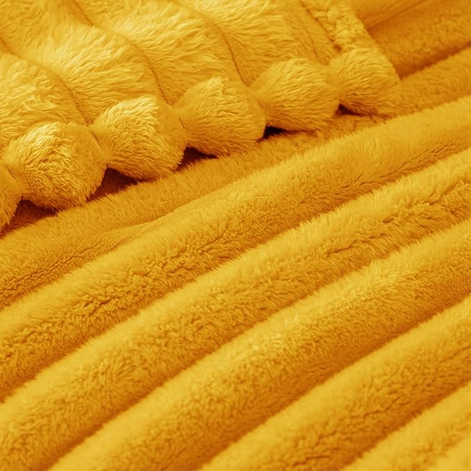 Exclusivo Mezcla Twin Size Flannel Fleece Blanket, Super Soft Striped Jacquard Bed Blanket, Lightweight Fuzzy Cozy for All Seasons, 60x80 Inches, Mustard Yellow