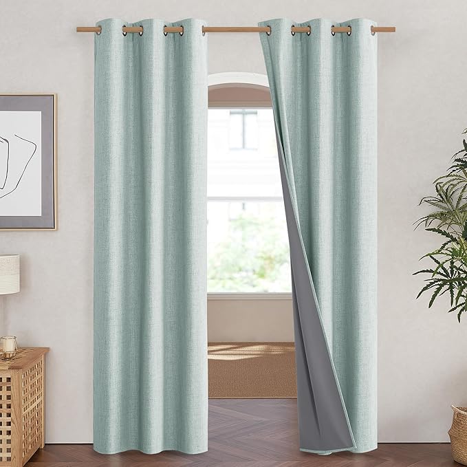 NICETOWN 100% Absolutely Blackout Linen Curtains with Thermal Insulated Liner, Seafoam Green, 42" Wide, 90" Length Energy Saving Curtains for Living Room 2 Panels Set, Vertical Blinds