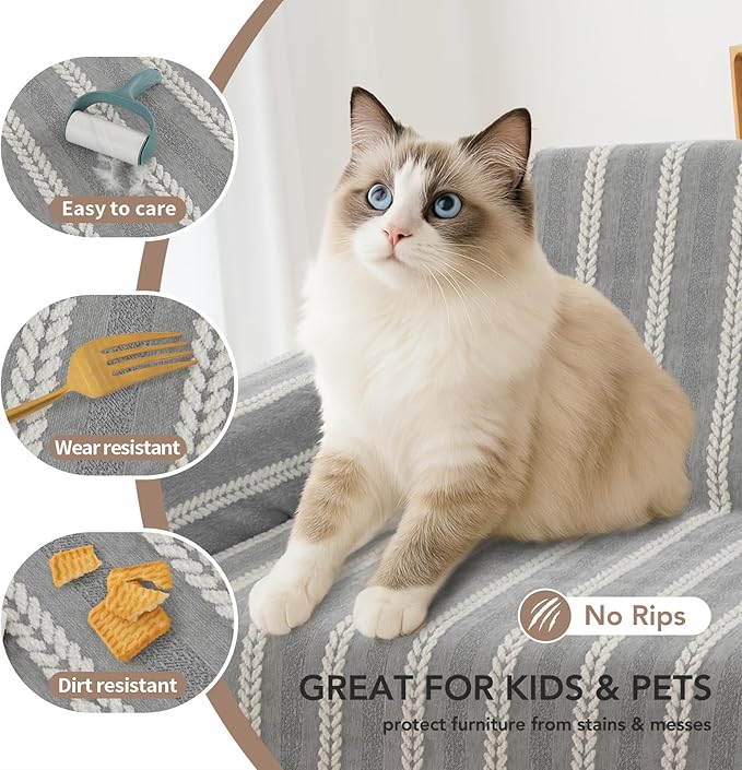 Couch Cover for Dogs, Boho Sofa Covers for 3 Cushion Couch, Chenille Sofa Slipcover for Pets Washable, L-Shape Sectional Loveseat Cover Soft Throw Blankets with Tassels(71x134,Striped Grey)
