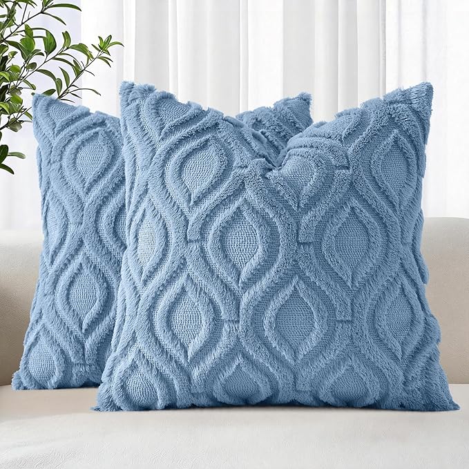 decorUhome Throw Pillow Covers 26x26 Inch Set of 2, Soft Plush Faux Wool Blue Solid Couch Pillow Covers, Accent Euro Sham Farmhouse Neutral Square Pillow Cases for Sofa Bed Living Room