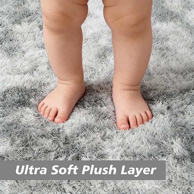 Tie-Dyed Fluffy Round Rug,Soft Area Rugs for Girls Room,Shaggy Rugs 6'X6' for Living Room,Non Slip Circle Rug for Kids Bedroom,Shag Plush Nursery Rug,Plush Carpet for Dorm,Furry Room Decor,Light Grey