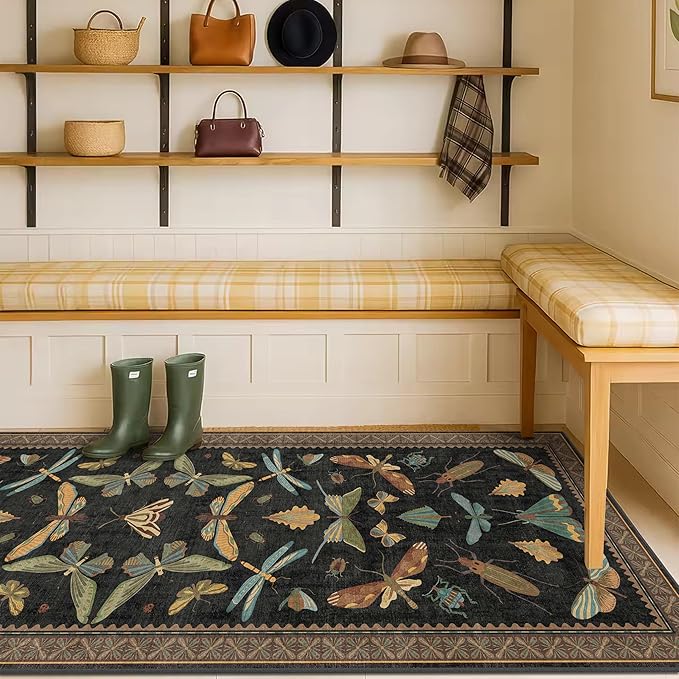 Black Insect 2'6"x12' Washable Extra Long Runner Rugs for Hallways, Non Skid Stain Resistant Wide Rug Runners for Kitchen, Entryway, Mudroom, Dark Cottagecore Boho Butterfly Pattern Indoor Décor
