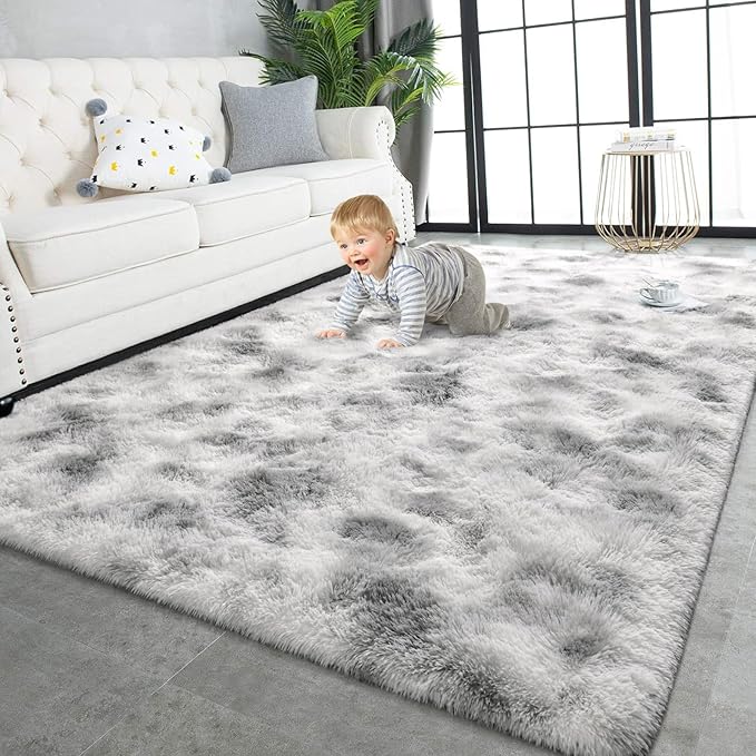 TWINNIS Super Soft Shaggy Rugs Fluffy Carpets 9x11 Feet, Indoor Modern Plush Area Rugs for Living Room Bedroom Kids Room Nursery Home Decor, Upgrade Anti-Skid Fuzzy Rug, Grey and White