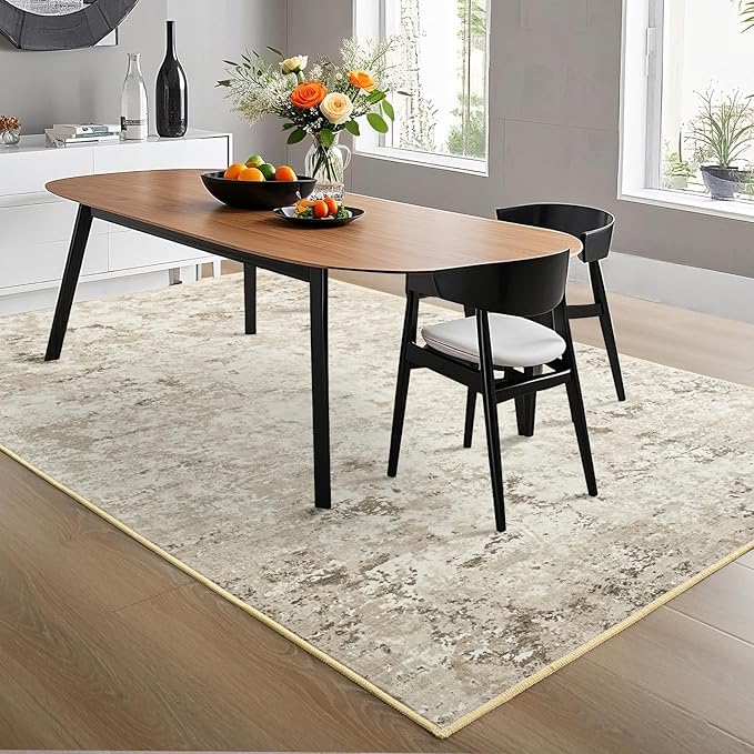 Toneed Abstract Area Rug 7x10 Modern Washable Rug Soft Non Slip Rug Low Pile for Bedroom Living Room Dining Room Beige