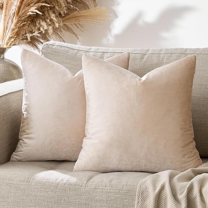 GIGIZAZA 22x22 Beige Pillow Covers: Pack of 2 Champagne Vintage Throw Pillows Super Soft Velvet Covers - Decorative Elegant Square Big Solid Cushion Covers Used for Couch,Living Room,Bedroom