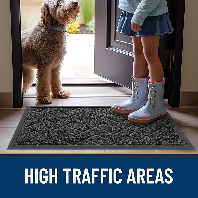 OLANLY Front Door Mat Indoor Outdoor Entrance, Waterproof All-Season, All-Weather Doormat, Sturdy Natural Rubber, Low Profile, Easy Clean Patio Porch Entryway Mat, Herringbone Brick (Black, 47x23)