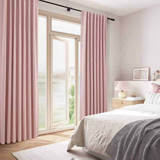 Guken Pink 100% Blackout Linen Curtains 108 Inch 2 Panels Set for Girl's Bedroom, Living Room, Nursery, Back Tab/Rod Pocket Thermal Insulated Black Out Drapes Room Darkening Farmhouse Window Curtains