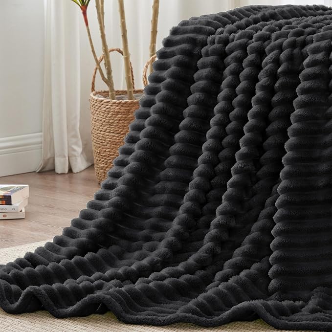 BEDELITE King Size Blanket for Bed, 300GSM Soft & Warm Fleece Blanket, Decorative and Giftable Striped Black Blankets for Women, Men, 108"x90"