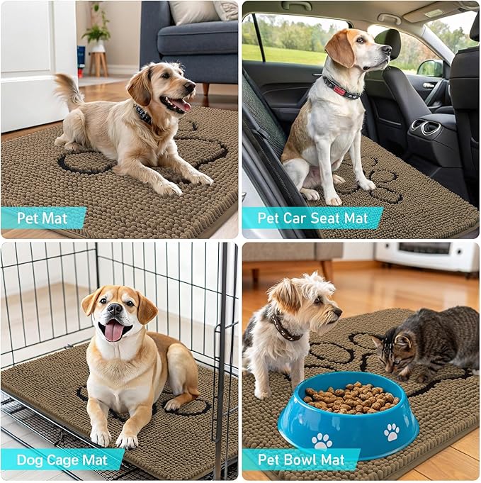 OLANLY Dog Door Mat for Muddy Paws 59x35, Paw Print Design, Absorbs Moisture and Dirt, Absorbent Non-Slip Washable Doormat, Quick Dry Chenille Mud Mat for Dogs, Entry Indoor Entryway Carpet, Tan