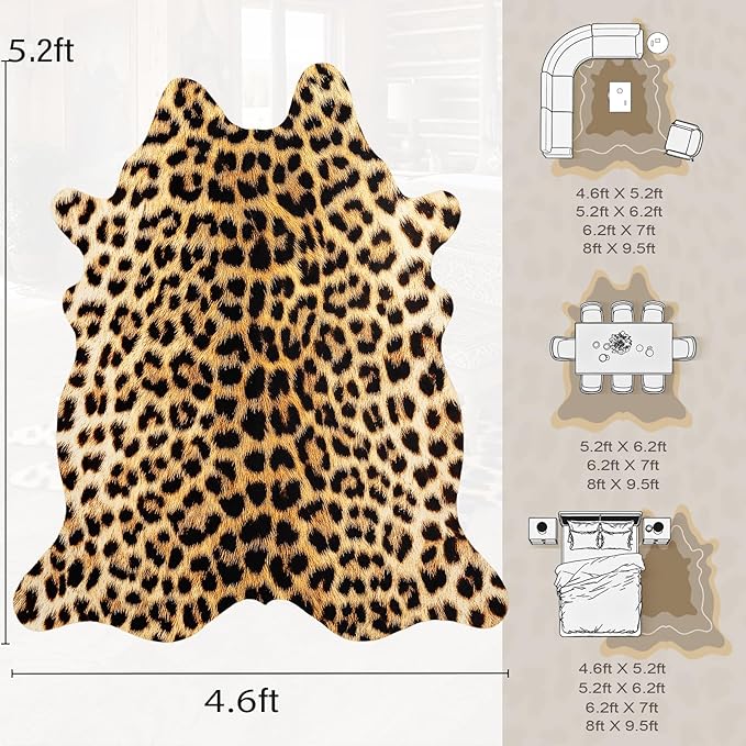 AROGAN Western Decor Faux Fur Leopard Rug, 4.6 x 5.2 Feet Premium Animal Skin Leopard Hide Rug, Sturdy Cheetah Print Rugs for Wall Decor, Western Floor Carpet for Bedroom Living Room, Black and Gold