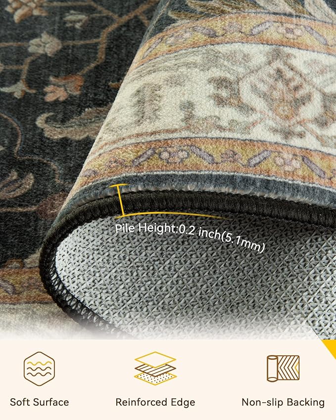 RELEANY Area Rugs 2'x8' Runner Rug Non Slip Washable for Kitchen Hallway Bedroom Beside Laundry Room Bathroom Rug, Floor Carpet, Vintage Black Brown Neutral